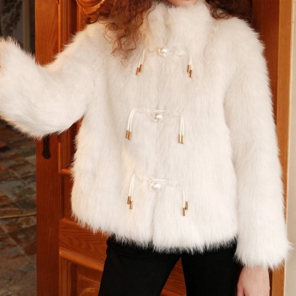 . Jackets & Blazers - elegant pearl duffle button faux fur coat  white